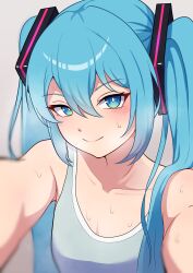 Rule 34 | 1girl, absurdres, blue eyes, blue hair, blush, hair ornament, hatsune miku, highres, kumada gaon, long hair, reaching, reaching towards viewer, smile, solo, steaming body, sweat, nervous sweating, tank top, twintails, vocaloid