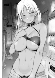 Rule 34 | 1girl, :p, belt, bikini, bikini top lift, blush, breasts, bright pupils, choker, cleavage, clothes lift, clothes pull, cowboy shot, diisuke, earrings, exhibitionism, female pubic hair, greyscale, gyaru, half-closed eyes, jewelry, large areolae, large breasts, lifting own clothes, light areolae, long hair, looking at viewer, monochrome, nijisanji, nipples, o-ring, o-ring choker, outdoors, pants, pants pull, pubic hair, pubic hair peek, public indecency, pulling own clothes, smile, solo, standing, steaming body, swimsuit, todoroki kyouko, tongue, tongue out, vending machine, virtual youtuber, white pupils