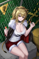 Rule 34 | 1girl, absurdres, animal ear fluff, animal ears, arknights, black collar, black jacket, black nails, blush, breasts, brown eyes, brown hair, candy, chain-link fence, cleavage, collar, collarbone, commentary, feet out of frame, fence, food, fur-trimmed jacket, fur-trimmed shorts, fur trim, hands up, highres, holding, holding food, jacket, large breasts, lion ears, lion tail, lollipop, long hair, looking at viewer, nail polish, open clothes, open jacket, red shorts, short shorts, shorts, siege (arknights), sitting, smile, solo, ssb (nit8921), studded collar, tail, tank top, thighs, white tank top
