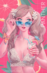 Rule 34 | 1girl, adjusting eyewear, adjusting glasses, blonde hair, blue-tinted eyewear, blue-tinted glasses, blue eyes, breasts, eyelashes, female focus, flower, glasses, hair flower, hair ornament, hairclip, holding, looking over eyewear, looking over glasses, looking to the side, nail polish, persona, persona 5, solo, sunglasses, swimsuit, takamaki anne, tinted eyewear, tongue, tongue out, twintails, upper body