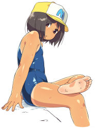 Rule 34 | 10s, 1girl, :o, arm support, barefoot, baseball cap, brown eyes, brown hair, child, dirty, dirty feet, feet, flat, flat chest, hat, light soles, looking at viewer, om (nk2007), one-piece swimsuit, school swimsuit, short hair, simple background, sitting, soles, solo, swimsuit, tan, tanline, toes, weat, white background, yamaguchi mika, youkai watch