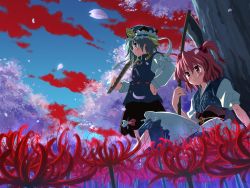 Rule 34 | 2girls, blue eyes, bow, cherry blossoms, day, female focus, flower, from below, green hair, hair bobbles, hair ornament, hat, highres, japanese clothes, multiple girls, onozuka komachi, petals, pink hair, red eyes, rod of remorse, scythe, shiki eiki, short hair, short twintails, sitting, sky, spider lily, touhou, twintails, two side up, wallpaper, yuuki tatsuya