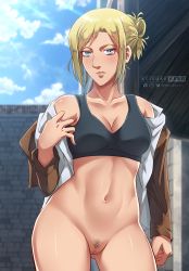 Rule 34 | 1girl, absurdres, annie leonhart, armpit crease, artist name, bare shoulders, belly, blonde hair, blue eyes, bottomless, breasts, cleavage, cleft of venus, collarbone, exhibitionism, expressionless, female pubic hair, gluteal fold, highres, keisukeaero, looking at viewer, medium breasts, military, military uniform, navel, outdoors, pubic hair, public indecency, pulled by self, pussy, shingeki no kyojin, solo, sports bra, tagme, thighs, uniform