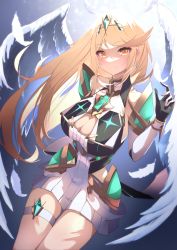 Rule 34 | absurdres, bad id, bad twitter id, bare legs, bare shoulders, blonde hair, breasts, chest jewel, cleavage, cleavage cutout, clothing cutout, dress, earrings, elbow gloves, gloves, headpiece, highres, jewelry, large breasts, long hair, mythra (xenoblade), risumi (taka-fallcherryblossom), short dress, solo, swept bangs, thigh strap, tiara, very long hair, white dress, white gloves, xenoblade chronicles (series), xenoblade chronicles 2, yellow eyes