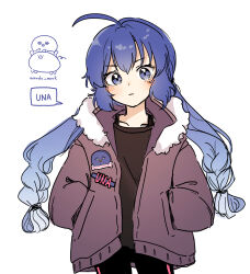 Rule 34 | 1girl, ahoge, alternate costume, artist name, black pants, black shirt, blue eyes, blue hair, blush, bra strap, brown jacket, character name, closed mouth, collarbone, commentary, contrapposto, cowboy shot, doodle inset, fur-trimmed hood, fur trim, hands in pockets, highres, hood, hood down, hooded jacket, jacket, long hair, looking at viewer, low twintails, otomachi una, pants, serious, shirt, simple background, solo, speech bubble, twintails, v-shaped eyebrows, vocaloid, wandu mook, white background