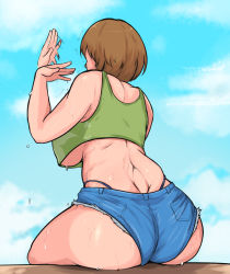 Rule 34 | 1girl, ass, breasts, fanning face, fanning self, from behind, highres, huge ass, persona, persona 4, satonaka chie, short hair, shorts, sieroo, solo, sweat, tank top, tomboy, underboob, underwear