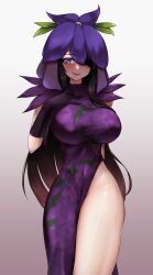 Rule 34 | 1girl, absurdres, black gloves, black hair, breasts, china dress, chinese clothes, cowboy shot, dress, elbow gloves, flower, gloves, groin, highres, large breasts, leo23, long hair, open mouth, purple dress, purple eyes, purple flower, sidelocks, smile, solo, touhou, unfinished dream of all living ghost, yomotsu hisami