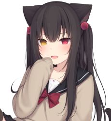 Rule 34 | 1girl, :d, amashiro natsuki, animal ears, bad id, bad pixiv id, black hair, black sailor collar, black skirt, blush, bow, bowtie, brown shirt, brown thighhighs, cat ears, cat tail, commentary request, fang, hair ornament, hand up, heterochromia, knee up, long hair, long sleeves, looking at viewer, miniskirt, open mouth, original, red bow, red bowtie, red eyes, sailor collar, school uniform, shirt, sidelocks, simple background, skirt, sleeves past fingers, sleeves past wrists, smile, solo, tail, thighhighs, two side up, upper body, white background, yellow eyes