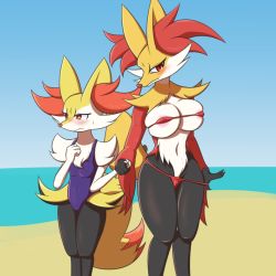 Rule 34 | 2girls, animal ears, aoinu111, beach, bikini, blush, braixen, breasts, cameltoe, covered erect nipples, creatures (company), delphox, fox ears, fox tail, furry, game freak, gen 6 pokemon, half-closed eyes, holding hands, large breasts, looking at viewer, micro bikini, multiple girls, navel, nervous, nintendo, no humans, ocean, one-piece swimsuit, outdoors, pokemon, pokemon (creature), pokemon xy, red bikini, red eyes, skindentation, sky, small breasts, sweat, swimsuit, tail, water