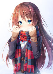 Rule 34 | 1girl, akashio (loli ace), black jacket, blue eyes, blush, breath, brown hair, closed mouth, commentary request, dress shirt, fringe trim, green eyes, hair between eyes, hands up, head tilt, highres, jacket, long hair, long sleeves, multicolored eyes, original, scarf, shirt, sleeves past wrists, smile, solo, upper body, very long hair, white shirt