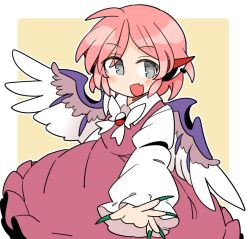 Rule 34 | 1girl, animal ears, bird ears, bird wings, blush, brown dress, collared shirt, dress, earrings, fang, fingernails, frilled dress, frilled sleeves, frills, green nails, grey eyes, ini (inunabe00), jewelry, long fingernails, long sleeves, mystia lorelei, nail polish, no headwear, open mouth, pink hair, sharp fingernails, shirt, short hair, single earring, skin fang, sleeve garter, smile, solo, touhou, white shirt, white wings, wide sleeves, wings