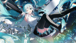 Rule 34 | 1girl, absurdly long hair, absurdres, aqua eyes, aqua hair, aqua necktie, arm up, black skirt, black thighhighs, boots, breasts, cityscape, commentary, detached sleeves, falling, foot out of frame, hatsune miku, hatsune miku happy 16th birthday -dear creators-, headset, highres, kanvien, long hair, looking at viewer, medium breasts, necktie, one eye closed, open mouth, shirt, skirt, sleeveless, sleeveless shirt, smile, solo, thigh boots, thighhighs, tie clip, twintails, very long hair, vocaloid, white shirt, wide sleeves