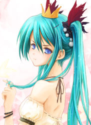 Rule 34 | 1girl, :t, aqua hair, back, blue eyes, crown, female focus, twirling hair, hatsune miku, highres, les, looking at viewer, looking back, pout, ribbon, solo, twintails, upper body, vocaloid, world is mine (vocaloid)