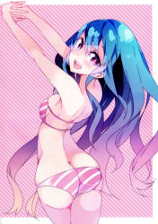 Rule 34 | 1girl, :d, absurdres, ass, bare shoulders, bikini, blue hair, breasts, butt crack, cowboy shot, from behind, haruse hiroki, highres, long hair, looking back, open mouth, purple eyes, scan, sideboob, smile, solo, stretching, striped bikini, striped clothes, swimsuit, very long hair