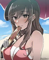 Rule 34 | 10s, 1girl, beach, bikini, black gloves, blush, breasts, brown eyes, brown hair, cleavage, closed mouth, cloud, cloudy sky, day, girls und panzer, gloves, hand fan, holding, holding fan, large breasts, long hair, looking at viewer, mature female, outdoors, paper fan, pink bikini, portrait, shimada chiyo, sky, smile, solo, swimsuit, twitter username, umbrella, yusukesan