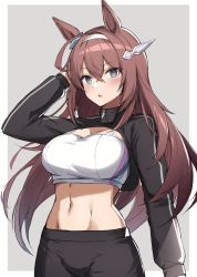 Rule 34 | 1girl, ahoge, alternate costume, animal ears, arm up, bandeau, black shorts, blush, breasts, brown hair, cleavage, commission, green eyes, hairband, hand in own hair, horse ears, kagerou (gigayasoma), large breasts, long hair, long sleeves, looking at viewer, midriff, mihono bourbon (umamusume), navel, open mouth, shorts, shrug (clothing), skeb commission, solo, umamusume, upper body