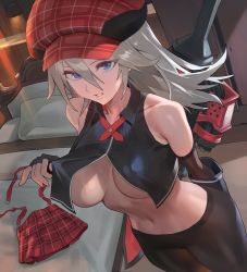 Rule 34 | 1girl, alisa ilinichina amiella, bed, blue eyes, blush, breasts, cabbie hat, elbow gloves, fingerless gloves, gloves, god eater, hat, highres, hood (james x), large breasts, long hair, looking at viewer, navel, pantyhose, pillow, skirt, solo, suspender skirt, suspenders, sweat, underboob, weapon, weapon on back