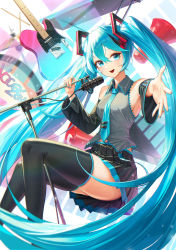 Rule 34 | 1girl, :d, absurdly long hair, absurdres, aqua eyes, aqua hair, aqua nails, aqua necktie, bare shoulders, black skirt, black thighhighs, breasts, cable, cryturtle, detached sleeves, drum, drum set, drumsticks, electric guitar, grey shirt, guitar, hair between eyes, hair ornament, hatsune miku, highres, holding, holding microphone stand, instrument, long hair, looking at viewer, megaphone, microphone, microphone stand, miniskirt, nail polish, necktie, open hand, open mouth, outstretched arm, pleated skirt, shirt, sitting, skirt, sleeveless, sleeveless shirt, small breasts, smile, solo, suspenders, thighhighs, thighs, very long hair, vocaloid, zettai ryouiki