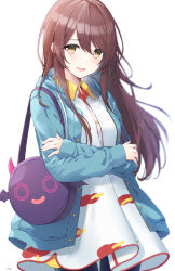 Rule 34 | 1girl, absurdres, arjent, bag, brown hair, commentary, dress, handbag, highres, hood, hoodie, idolmaster, idolmaster shiny colors, jacket, long hair, long sleeves, looking at viewer, osaki tenka, open clothes, open jacket, short dress, solo, white background, white dress, yellow eyes