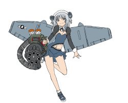 Rule 34 | a-10 thunderbolt ii, absurdres, aircraft wings, alternate costume, ammunition chute, attack aircraft, autocannon, blunt bangs, breasts, cannon, close air support, copyright request, deculture, destruction, exposed bellybutton, gatling gun, gau-8 avenger, gawr gura, grey hair, gun, highres, holding, holding gun, holding weapon, hololive, hololive english, maid headdress, medium hair, miniskirt, multiple-barrel firearm, rotary cannon, second-party source, shoes, simple background, skirt, small breasts, smirk, sneakers, standing, standing on one leg, virtual youtuber, weapon, white background