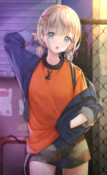 Rule 34 | 1girl, :o, arm behind head, arm up, black shorts, blue eyes, blue jacket, chain-link fence, cowboy shot, cuna (qunya), earrings, fence, hair ornament, hairclip, hand in pocket, highres, idolmaster, idolmaster shiny colors, jacket, jewelry, looking at viewer, low twintails, open clothes, open jacket, open mouth, orange shirt, serizawa asahi, shirt, short shorts, short twintails, shorts, silver hair, solo, standing, sunlight, twintails, x hair ornament