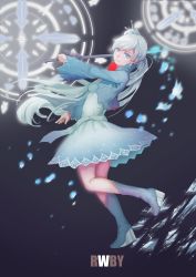 Rule 34 | 1girl, absurdres, blue eyes, blue footwear, blue sleeves, copyright name, dress, floating hair, highres, holding, holding sword, holding weapon, leg up, long hair, long sleeves, myrtenaster, rwby, scar, scar across eye, scar on face, short dress, shrug (clothing), silver hair, solo, standing, standing on one leg, sword, very long hair, wangxiii, weapon, weiss schnee, white dress