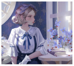 Rule 34 | 1girl, absurdres, blue gemstone, blue ribbon, blue skirt, book, border, bottle, bow, breasts, closed mouth, collared shirt, commentary, cowboy shot, english commentary, flower, gem, gloves, grey eyes, grey hair, hair bow, highres, indoors, light blush, lips, looking afar, medium breasts, neck ribbon, original, perfume bottle, puffy sleeves, purple bow, purple flower, ribbon, shirt, short hair, sitting, skirt, sleeves past elbows, solo, suspender skirt, suspenders, table, white border, white gloves, white shirt, wowmoto2