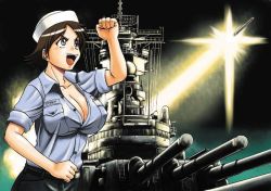 Rule 34 | 1girl, battleship, breasts, brown eyes, brown hair, cleavage, clenched hands, dixie cup hat, covered erect nipples, firing, fist pump, hat, impossible clothes, impossible shirt, large breasts, mc axis, military, military hat, military uniform, military vehicle, missile, no bra, open mouth, sailor, sailor hat, sao satoru, ship, shirt, short hair, sleeves rolled up, solo, uniform, warship, watercraft