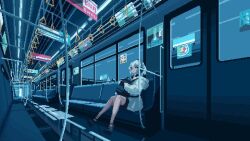 Rule 34 | 1girl, akayu pixel, animated, backpack, bag, city, expressionless, headphones, holding, holding bag, original, pixel art, shorts, sitting, solo, tagme, train interior, video, white hair
