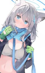 Rule 34 | 1girl, animal ear fluff, animal ears, blazer, blue archive, blue eyes, blue scarf, blush, breasts, cleavage, collar, commentary, covered erect nipples, cross hair ornament, expressionless, gloves, green gloves, grey hair, hair ornament, halo, highres, holding, holding leash, jacket, leash, looking at viewer, medium breasts, mikozin, navel, open clothes, open jacket, parted lips, scarf, shiroko (blue archive), short hair, solo, sports bra, sweat, upper body, white background, wolf ears