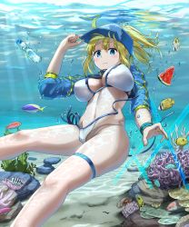 Rule 34 | 1girl, artoria pendragon (fate), bare legs, baseball cap, bikini, blonde hair, blue eyes, blue jacket, blush, breasts, breasts apart, bubble, caustics, cleavage, closed mouth, coral reef, covered erect nipples, cropped jacket, fate/grand order, fate (series), feet out of frame, fish, floating, food, foreshortening, from below, fruit, glass bottle, groin, hat, highres, holding, holding breath, holding clothes, holding hat, jacket, large breasts, light rays, linea alba, lips, long hair, looking at viewer, mysterious heroine x (fate), mysterious heroine xx (fate), navel, noeru, ocean, panties, ponytail, ramune, sand, side-tie bikini bottom, sidelocks, skindentation, solo, strap gap, swimsuit, tareme, thigh strap, underwater, underwear, untied bikini, wardrobe malfunction, watermelon, watermelon slice, white bikini