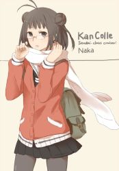 Rule 34 | 10s, 1girl, alternate costume, antenna hair, bad id, bad twitter id, bag, bespectacled, black pantyhose, brown eyes, brown hair, character name, copyright name, double bun, glasses, hair bun, kantai collection, kanu sadi, long sleeves, naka (kancolle), open mouth, pantyhose, scarf, school bag, simple background, skirt, solo, standing, winter clothes, yellow background