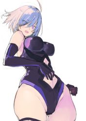 Rule 34 | 1girl, ahoge, black gloves, black thighhighs, breasts, clothing cutout, covering navel, elbow gloves, eyes visible through hair, fate/grand order, fate (series), from below, gloves, gluteal fold, hair over one eye, hareno chiame, impossible clothes, impossible leotard, large breasts, leotard, light purple hair, mash kyrielight, navel cutout, open mouth, purple eyes, short hair, simple background, sketch, solo, thighhighs, white background