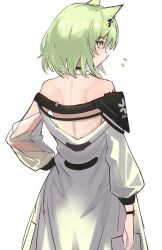 Rule 34 | 1girl, animal ears, arknights, bare back, cat ears, cat girl, dress, from behind, green eyes, green hair, highres, kal&#039;tsit (arknights), looking at viewer, looking back, material growth, notice lines, off-shoulder dress, off shoulder, oripathy lesion (arknights), see-through, see-through sleeves, shino duka, short hair, simple background, solo, watch, white background, white dress, wristwatch