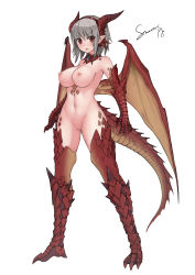 Rule 34 | 1girl, absurdres, blush, breasts, claws, dragon girl, dragon tail, full body, gem, grey hair, highres, horns, large breasts, looking at viewer, monster girl, navel, nipples, pointy ears, pussy, red eyes, scales, short hair, signature, solo, standing, stmast, tail, uncensored