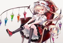 Rule 34 | 1girl, :d, black socks, blonde hair, chair, choker, cross-laced clothes, crystal, fangs, flandre scarlet, foot out of frame, grey background, hat, head tilt, highres, kneehighs, long hair, looking at viewer, mob cap, off shoulder, one side up, open mouth, red eyes, rooseputo 02, simple background, sitting, skin fangs, smile, socks, solo, touhou, very long hair, wings