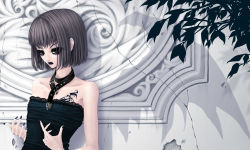 Rule 34 | 1girl, against wall, bare arms, belt, black lips, black nails, bob cut, collar, collarbone, demon wings, expressionless, eyelashes, flat chest, goth fashion, grey hair, kunishige keiichi, lace, lipstick, makeup, nail polish, nocturne, nocturne (kunishige keiichi), original, short hair, solo, strapless, tattoo, tree, upper body, wall, wings