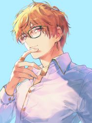 Rule 34 | 1boy, alternate costume, alternate hairstyle, bikkusama, blonde hair, earrings, fate/extra, fate/extra ccc, fate/grand order, fate/stay night, fate/zero, fate (series), finger to mouth, gilgamesh, gilgamesh (caster) (fate), gilgamesh (fate), glasses, gradient background, gradient hair, highres, jewelry, male focus, multicolored hair, necklace, red eyes, ring, shirt, simple background, sky, smile, solo, white shirt