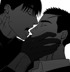 Rule 34 | 2boys, balnom, bara, collared shirt, covering another&#039;s mouth, gloves, greyscale, half-closed eyes, highres, male focus, mature male, monochrome, multiple boys, open mouth, original, scar, scar on face, scar on forehead, scar on neck, shirt, short hair, thick eyebrows, unamused, upper body, yaoi