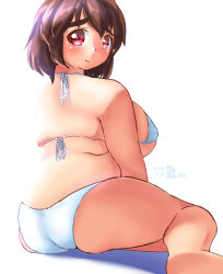 Rule 34 | 10s, 1girl, 2014, ass, bad id, bad pixiv id, bikini, breasts, brown hair, dated, eno konoe, eyebrows, fat, fat rolls, from behind, large breasts, looking at viewer, mikomu, original, red eyes, short hair, signature, skindentation, smile, solo, swimsuit, thick eyebrows, thighs
