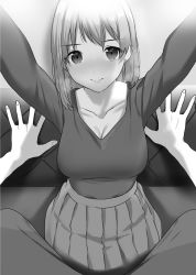 Rule 34 | 1girl, arms up, blush, closed mouth, doushimasho, eyebrows visible through hat, full-face blush, greyscale, highres, legs apart, long sleeves, monochrome, original, outstretched arms, pants, pleated skirt, pov, reaching, reaching towards viewer, shirt, short hair, skirt, smile, v-neck