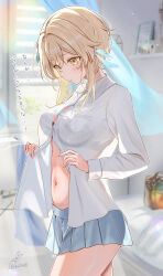 Rule 34 | 1girl, alternate costume, artist name, bag, bed, bedroom, black bra, blonde hair, blurry, blurry background, bra, bra visible through clothes, breasts, closed mouth, clothes lift, collared shirt, cowboy shot, curtains, day, fingernails, flower, genshin impact, hair flower, hair ornament, highres, kabu usagi, looking down, lumine (genshin impact), medium breasts, miniskirt, navel, partially unbuttoned, pleated skirt, romaji text, see-through silhouette, shirt, shirt lift, short hair with long locks, shoulder bag, skirt, solo, stomach, talking, underwear, white shirt, yellow eyes
