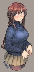 Rule 34 | 1girl, aqua eyes, black pantyhose, blue sweater, blush, braid, breasts, brown hair, brown skirt, cropped legs, ergot, grey background, hair between eyes, kantai collection, large breasts, long hair, long sleeves, looking at viewer, noshiro (kancolle), pantyhose, pleated skirt, ribbed sweater, sidelocks, signature, simple background, skirt, solo, sweater, turtleneck, turtleneck sweater, very long hair