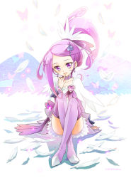 Rule 34 | 1girl, artist name, boots, brooch, choker, crossed legs, cure sword, dokidoki! precure, feathers, hair ornament, hairclip, hairpin, heart, heart brooch, heart hair ornament, highres, jewelry, kenzaki makoto, long hair, looking at viewer, magical girl, minimaru, ponytail, precure, purple eyes, purple footwear, purple hair, purple skirt, purple theme, short hair, sitting, skirt, smile, solo, spade, spade hair ornament, thigh boots, thighhighs