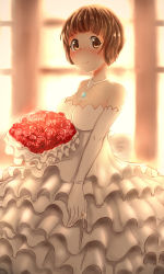 Rule 34 | 10000@, 1girl, absurdres, bare shoulders, blush, bouquet, breasts, bridal gauntlets, brown hair, cleavage, dress, flower, gloves, highres, holding, holding bouquet, indoors, jewelry, kill la kill, looking at viewer, mankanshoku mako, medium breasts, ring, short hair, smile, solo, standing, wedding dress, white dress, white gloves