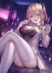 Rule 34 | 1girl, absurdres, alternate costume, ass, black shirt, blonde hair, breasts, cleavage, coat, crossed legs, feet out of frame, green eyes, hands up, highres, holding, holding syringe, intravenous drip, kurumi noah, large breasts, long sleeves, looking at viewer, medium hair, nurse, open clothes, open coat, open mouth, shirt, sitting, smile, solo, stethoscope, syringe, thighhighs, thighs, two side up, virtual youtuber, vspo!, white coat, white thighhighs, wing collar, yahiro (heartseek000)