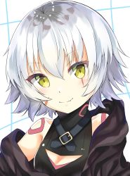 Rule 34 | 1girl, absurdres, bare shoulders, belt, belt buckle, black belt, black cloak, black shirt, buckle, cloak, closed mouth, collarbone, commentary request, facial scar, fang, fate/apocrypha, fate (series), gyouza aniki, hair between eyes, halterneck, head tilt, highres, jack the ripper (fate/apocrypha), looking at viewer, scar, scar across eye, scar on cheek, scar on face, shirt, short hair, shoulder tattoo, silver hair, sleeveless, sleeveless shirt, smile, solo, tattoo, turtleneck, upper body, white background, yellow eyes