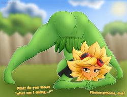 Rule 34 | 1girl, :o, arm support, ass, black shirt, blonde hair, blurry, blurry background, breasts, colored skin, depthsofmind, female focus, freckles, full body, goggles, goggles on head, grass skirt, green skin, highres, jack-o&#039; challenge, looking at viewer, monster girl, multicolored skin, orange skin, outdoors, outline, plant girl, plants vs zombies, raised eyebrow, shirt, solo, speech bubble, spread legs, sunflower (plants vs zombies), sweat, top-down bottom-up, underboob, wide spread legs