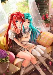 Rule 34 | 2girls, arm hug, bare shoulders, blue eyes, blue hair, blush, bow, braid, breasts, collarbone, couch, curtains, cushion, dress, falling petals, flower, flower pot, hair bow, hair ornament, hairclip, hand on another&#039;s thigh, highres, hinabita, hopper, hug, indoors, long hair, looking at viewer, medium breasts, multiple girls, orange eyes, petals, pillow, puffy sleeves, red eyes, red hair, red ribbon, ribbon, rose, shinonome kokona, shinonome natsuhi, siblings, sisters, sleeveless, sleeveless dress, smile, thighhighs, tree, twins, twintails, vase, white bow, white dress, white footwear, window