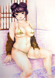 Rule 34 | 1girl, absurdres, bikini, breasts, brown hair, brown jacket, commentary request, girls und panzer, green eyes, hair rings, halterneck, highres, hosomi shizuko, jacket, kyoushanarita, large breasts, long sleeves, looking at viewer, navel, off shoulder, onsen, open clothes, open jacket, open mouth, partial commentary, side-tie bikini bottom, sitting, smile, soaking feet, solo, swimsuit, water, yellow bikini